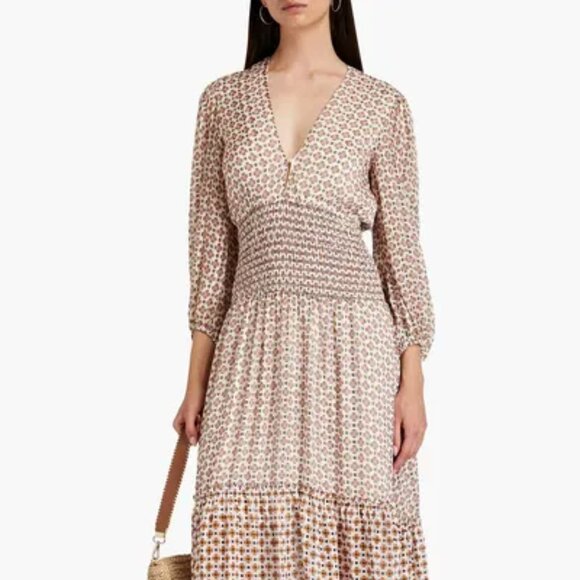 Maje Ripege Shirred Printed Georgette Midi Dress - Picture 2 of 16